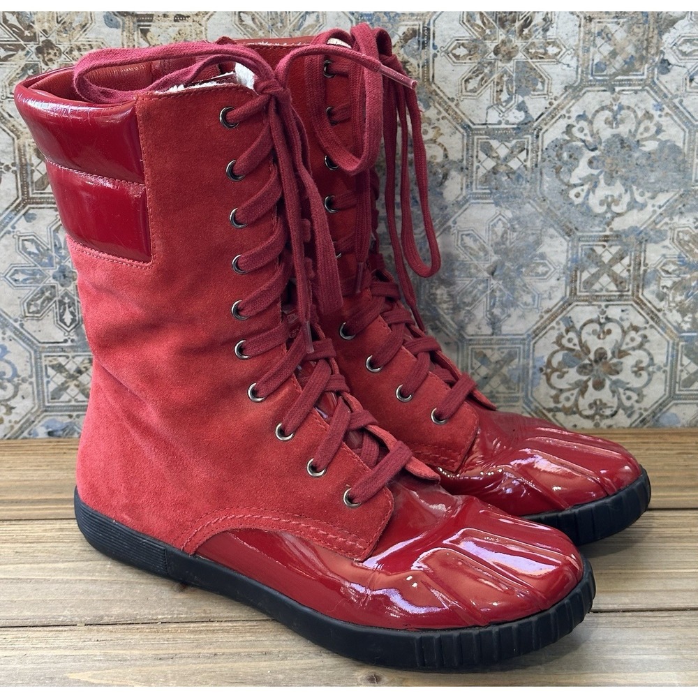 Cole Haan Red Leather Boots Waterproof Fleece Lined Zip Colorful Woman's 8.5